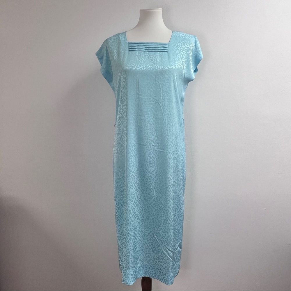 Vintage 60’s - 70’s Elegant Light Blue Shift Dress, size 14. Pleated square neck